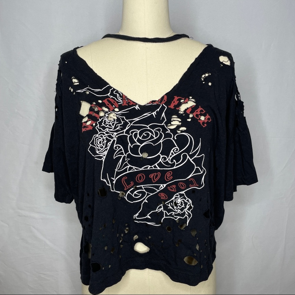 Forever 21 black distressed ripped v neck collar t